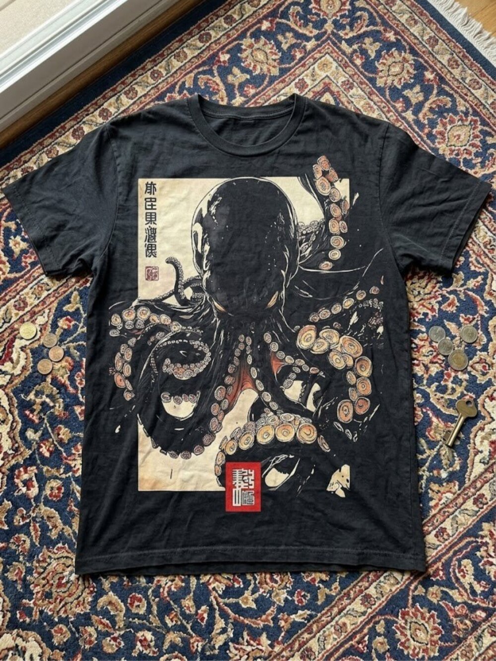 Japanese Art Octopus Graphic T-Shirt Unisex Retro Streetwear NWT Black Cotton